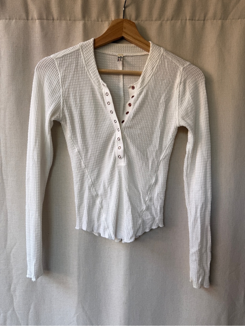 Free People White Waffle Henley Long Sleeve Top